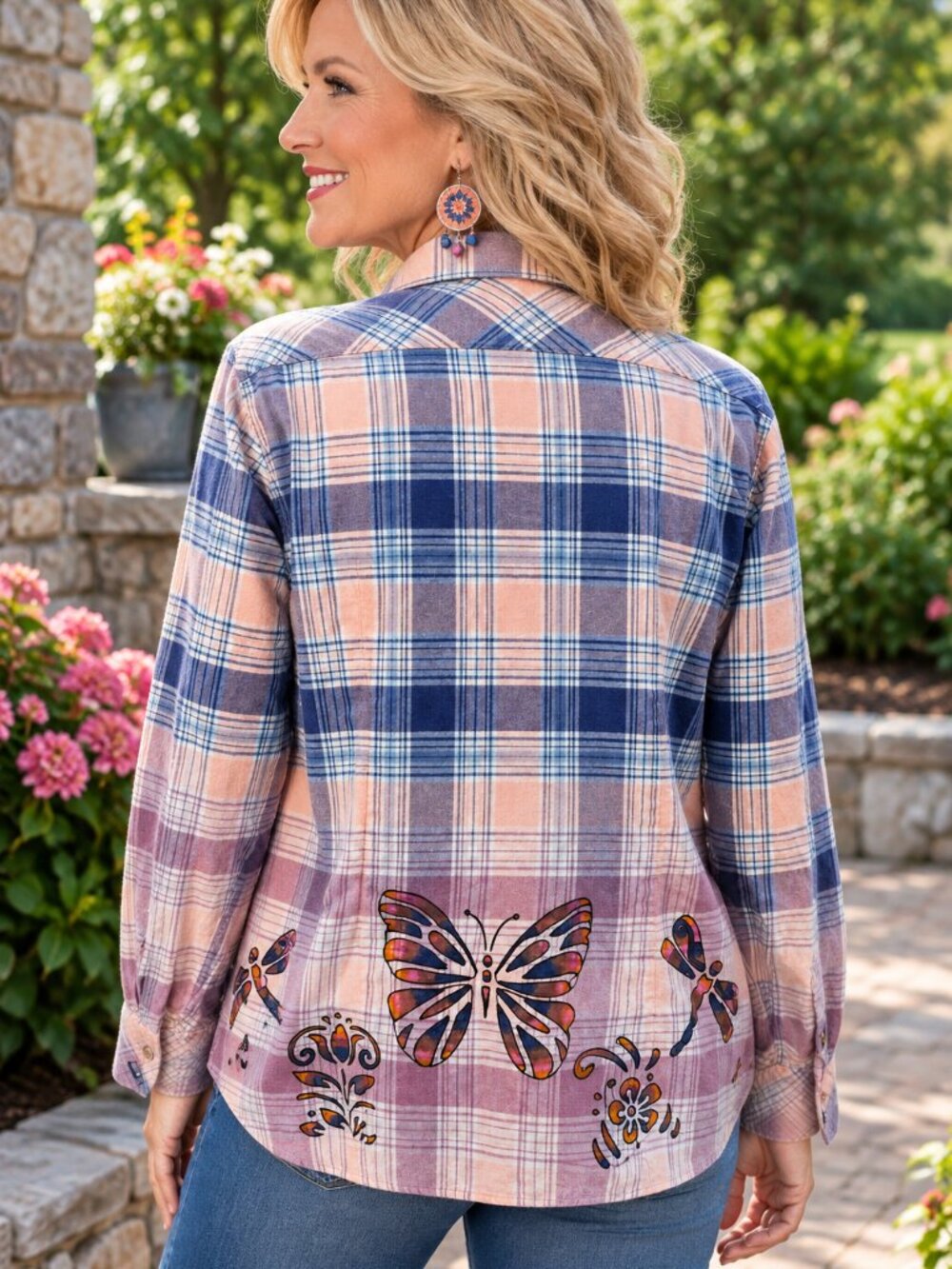 Upcycled Hand Painted Bitterflies Dragonflies Bees Flannel Shirt - Bleached Blue